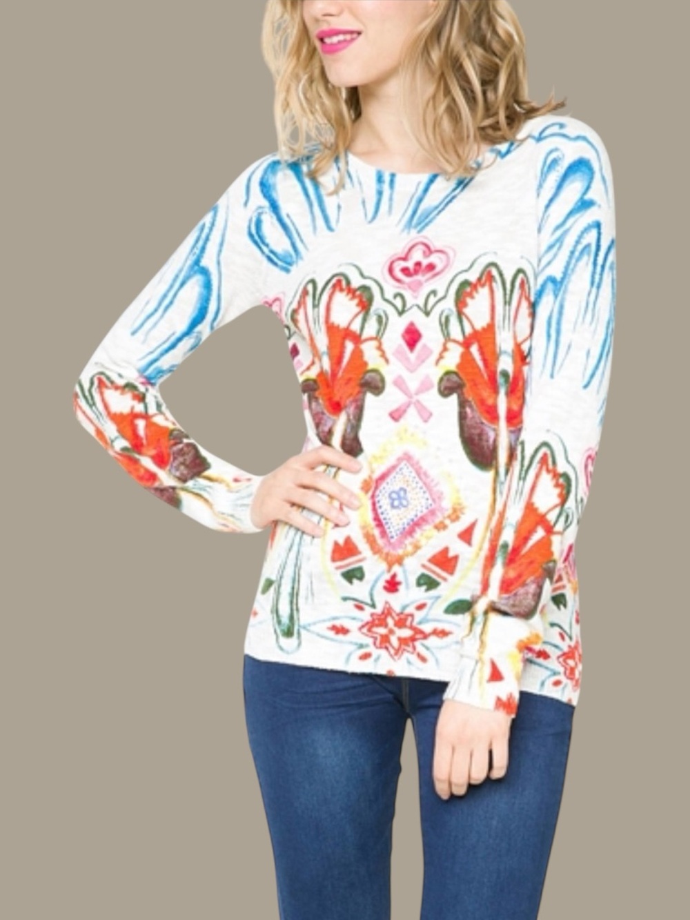 Desigual Colourful Abstract Print Cotton Sweater XS